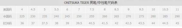Onitsuka Tiger 尺码参考